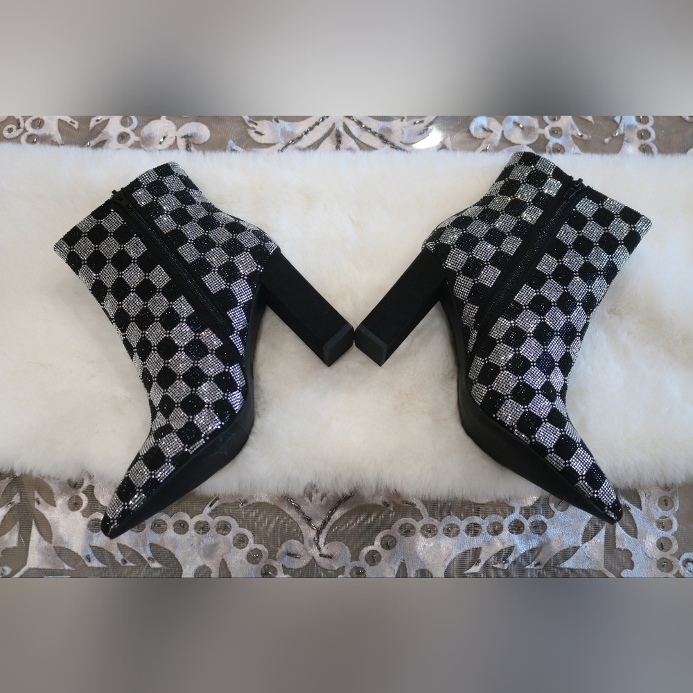 Wild Pair Ingridd Pointed Toe Bling Dress Booties, 7.5M- Black/White Checker - Picture 4 of 9